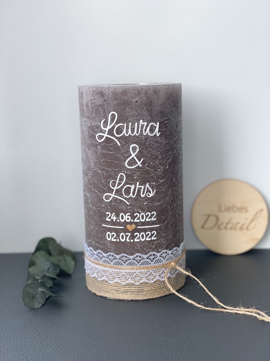 Hochzeitskerze Traukerze Vintage Rustikal Rustic braun Herz Spruch Jute