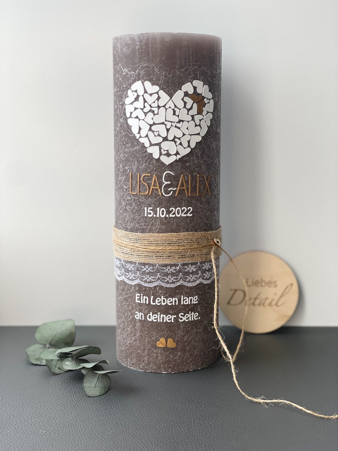 Hochzeitskerze Traukerze Vintage Rustikal Rustic braun Herz Spruch Jute