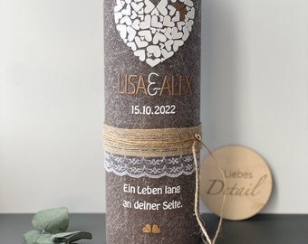 Hochzeitskerze Traukerze Vintage Rustikal Rustic braun Herz Spruch Jute Spitze Teelichteinsatz Teelicht Hochzeit