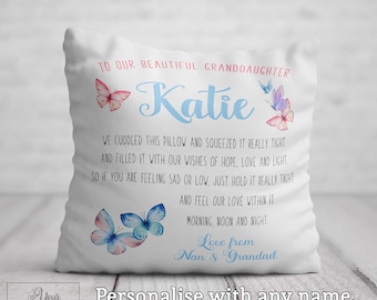 Granddaughter Hug Cushion Personalised Birthday Gift Girl Daughter Niece Newborn Baby Toddler Butterflies Nursery Decor Custom Cuddle Pillow