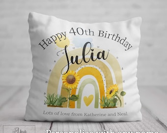 40th BIRTHDAY CUSHION Her Birthday Gift Women Age 40 Years Personalised Sunflower Rainbow Pillow Friend Daughter Sister Colleague Present