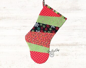 Quilted Christmas Stockings, Handmade Scrappy Quilt As You Go Christmas Stocking, Same Fabrics on Both Sides, 100% Cotton, Holiday Decor