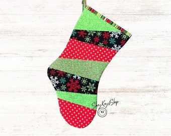 Christmas Stocking, Quilt As You Go Scrappy Quilted Handmade Holiday Stockings, Same Fabrics Both Sides, 100% Cotton, Christmas Decorations