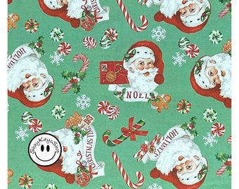 Christmas Theme Santa Fabric, Peppermint Candy Northcott Fabrics by Michel Design Works DP24624-74 Green, By the Yard, 100% Cotton Digital