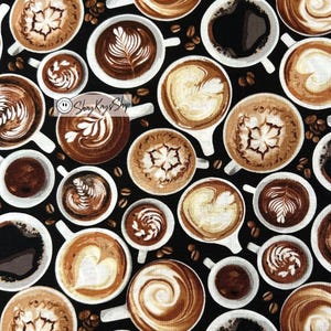 May include: A black background with a repeating pattern of coffee cups filled with various coffee drinks. The cups are white with a black rim and handle. The coffee drinks have different designs and patterns, including hearts, swirls, and flowers.