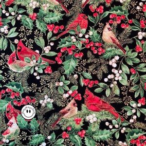 Christmas Holiday Timeless Treasures Cardinals on Branches, 100% Cotton Quilt Fabric Metallic, Priced By Half Yard