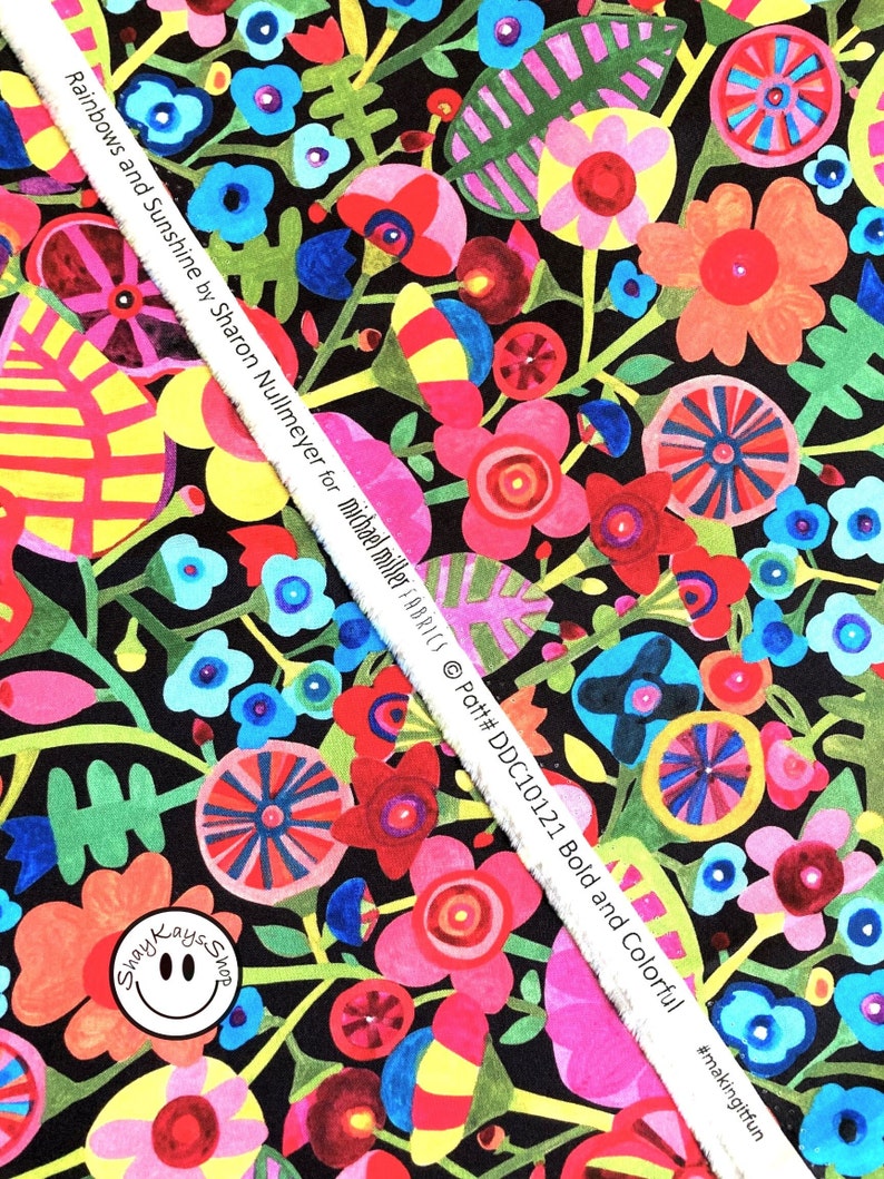 Precut 1/4 Quarter Yard Floral Fabric, Bold and Colorful Michael Miller, Rainbows & Sunshine Black, 100% Cotton Fabric, Sew Quilt Crafts image 10