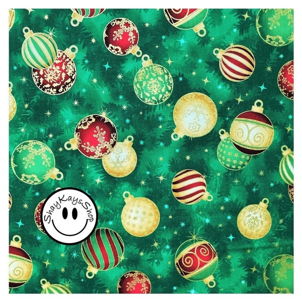 Precut 1/2 Half Yard Christmas Fabric, Glass Ornaments Green Studio RK Robert Kaufman Holiday Flourish 14, 100% Cotton Quilt Fabric