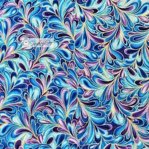 Novelty Hi Fashion Fabrics Peacock Swirl, 100% Cotton Quilt Metallic, Priced By Half Yard