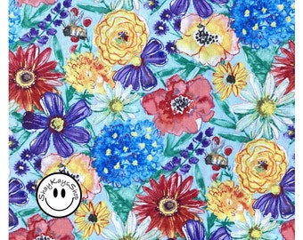 Floral Flower Fabric, Flower Fanciful Flight Packed Flowers Blue by Lori Siebert Wilmington Prints, By the Yard, 100% Cotton Quilt Fabric