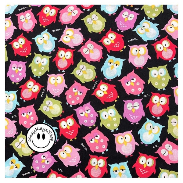 Hoot Owl Animal Fabric, Brother Sister Design Studio, Colorful Pink Green Blue Purple Owls, By the Yard, 100% Cotton Sewing Quilting Crafts