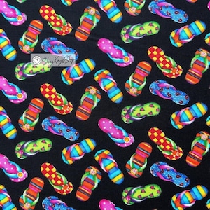 Tossed Flip Flops Timeless Treasures Fabric, Novelty Colorful Fun Multi Color Beach Sandals on Black, Sold By the Yard, 100% Cotton Fabric