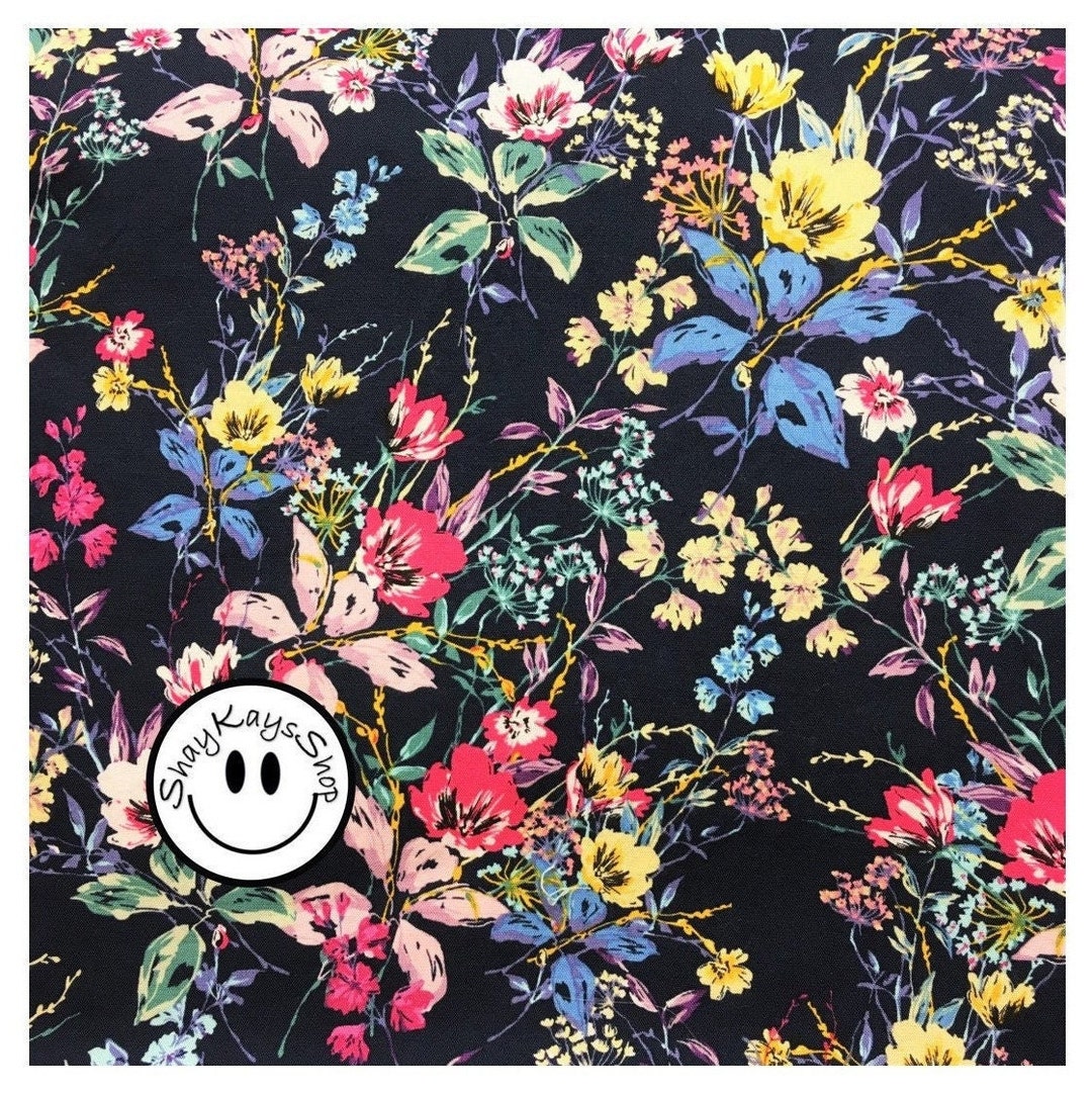 Precut 1/4 Quarter Yard Floral Fabric, Botanical Wildflowers Navy Blue