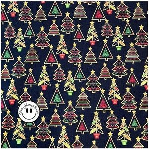 Christmas Trees Fabric Traditions Colorful Holiday Trees with Gold Glitter on Black, Sold By the Yard, 100% Cotton Quilt Fabric