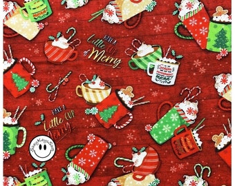 Precut 1/4 Qtr Yd Christmas Mugs Hot Cocoa Chocolate, Holiday Winter Drinks Coffee Latee, Oasis Fabrics Noel Red, 100% Cotton Digital