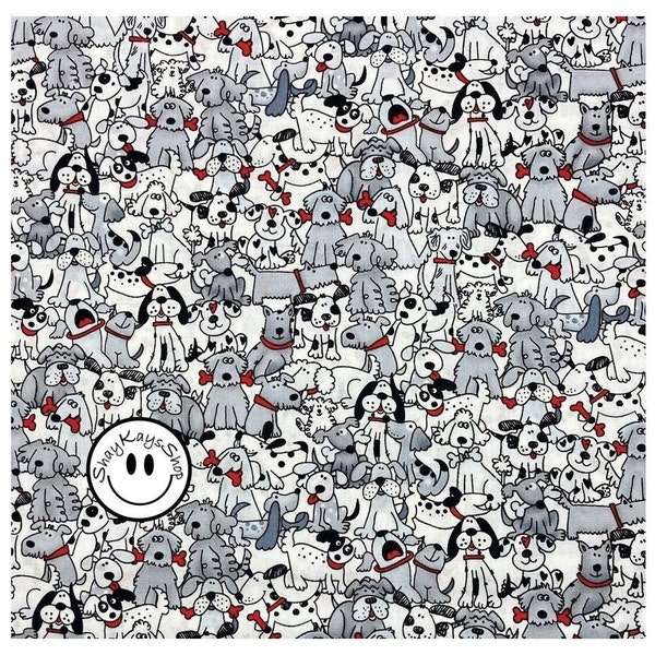 Playful Dogs Novelty Fabric, White Gray Pups with Black, Red Collars and Dog Bones on White, By the Yard, 100% Cotton, Hi Fashion Fabrics