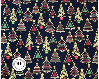 Precut 1/4 Quarter Yard Christmas Fabric, Holiday Colorful Trees Glitter Metallic Gold Outline on Black, 100% Cotton, Fabric Traditions