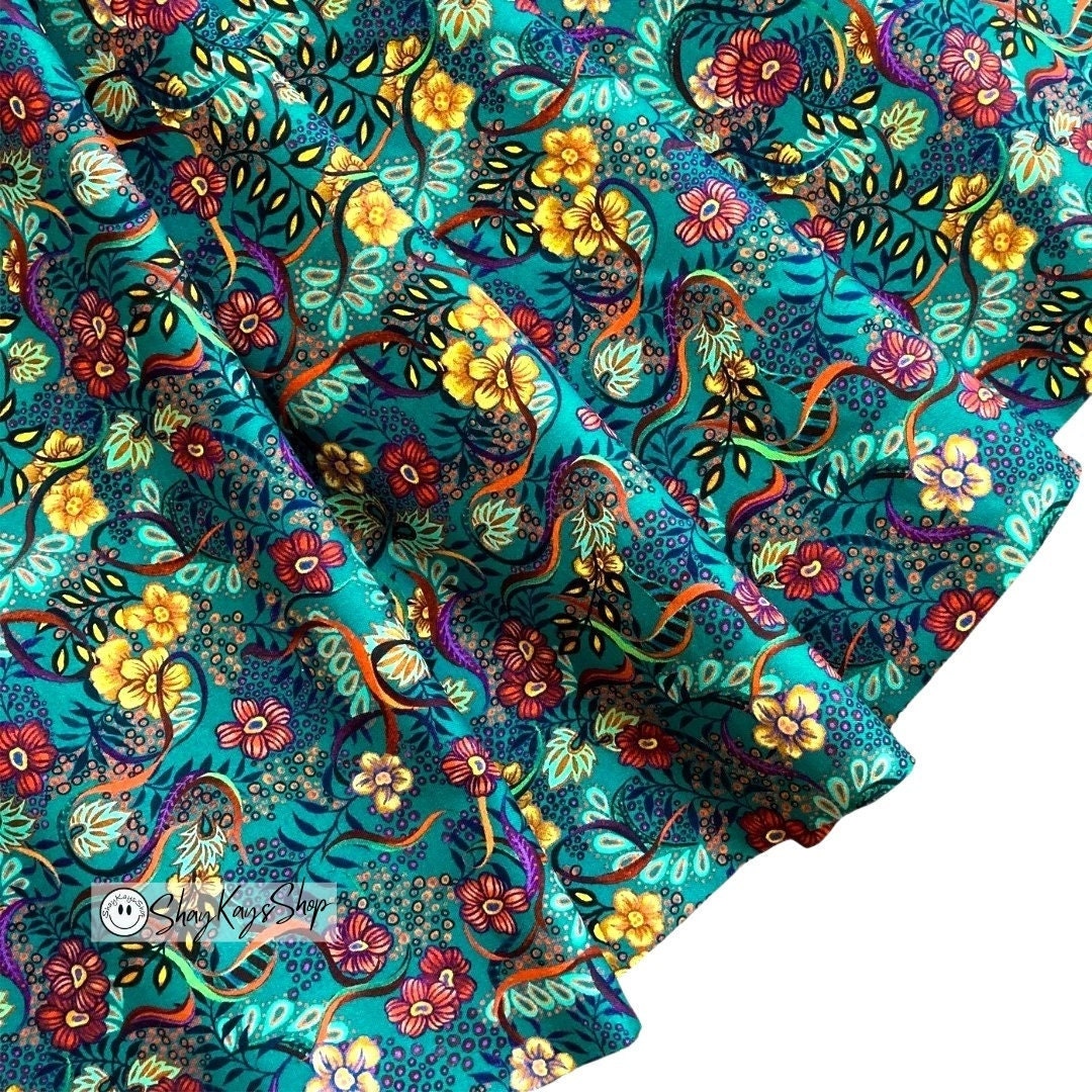 Precut 1/2 Half Yard Teal Floral Flower Fabric, Oasis