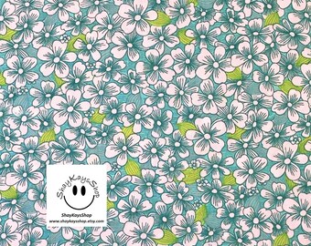 Precut Fabrics, 1/4 Quarter Yard Precut Floral Flower Fabric, Blue GreenFabric White Flowers Various Green Leaves, 100% Cotton