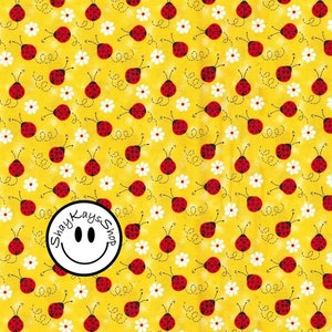 Precut 1/2 Half Yard Fabric Traditions Charms by Patti Reed Designs Red Black Ladybugs & White Daisies on Yellow, 100% Cotton Quilt Fabric