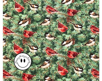 Precut 1/2 Half Yard Christmas Holiday Henry Glass Birds Pine Branches, 100% Cotton Quilt Fabric