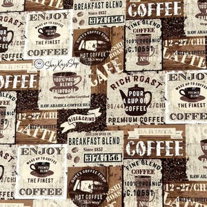 3/4 Yard Novelty Timeless Treasures Packed Coffee Signs, 100% Cotton Quilting Sewing Crafts