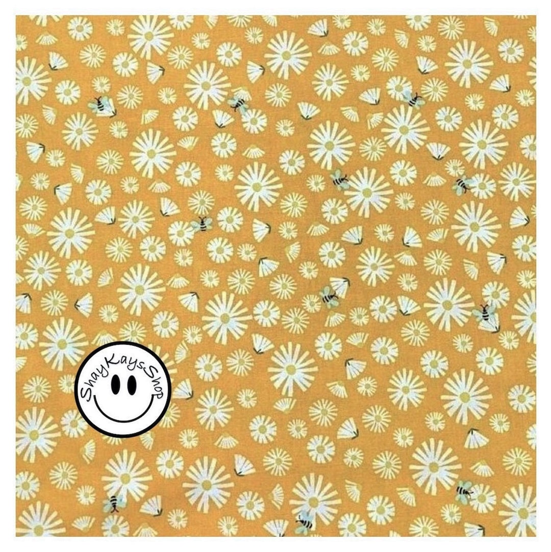 Yellow Daisy Flower Fabric, Shades of Golden Mustard Yellow Fabric