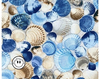 Packed Blue Beach Seashells Fabric, Timeless Treasures Beach Dreams C1236, Blue Beige Brown, By the Yard, 100% Cotton Sewing Quilting Crafts