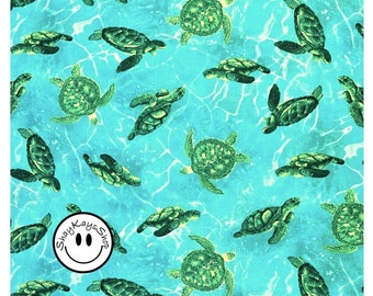 Playful Green Sea Turtles Fabric, Timeless Treasures Swimming Turtles Ocean Magic C8030 Blue, Beach Nautical, By the Yard, 100% Cotton