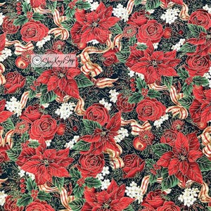 Precut 1/2 Half Yard Christmas Holiday Extravagance ESKM D4860, Poinsettia Roses Flowers Foliage, 100% Cotton Quilt Fabric Metallic Gold