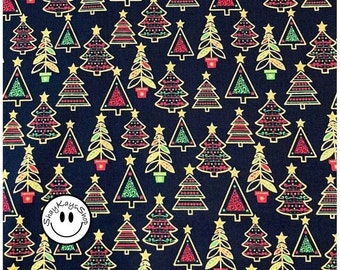 Precut 1/2 Half Yard Christmas Fabric, Holiday Colorful Trees Glitter Metallic Gold Outline on Black, 100% Cotton, Fabric Traditions