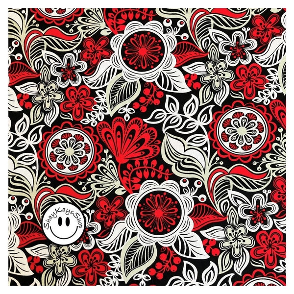 Precut 1/2 Half Yard Floral Fabric, Brother Sister Design Studio, Large Red White Gray Flowers on Black Fabric, 100% Cotton Quilt Fabric