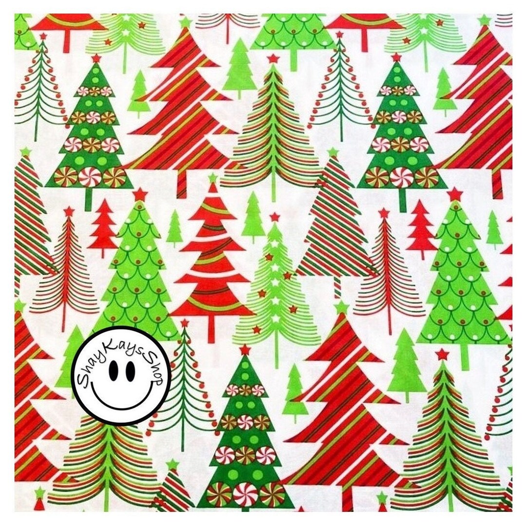 Christmas Tree Fabric, Shades of Green & Red Holiday Christmas Trees on