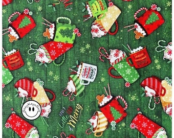 Christmas Theme Hot Chocolate Cocoa Fabric, Oasis Fabrics Noel Holiday Collection Green 595332, By the Yard, 100% Combed Cotton Digital