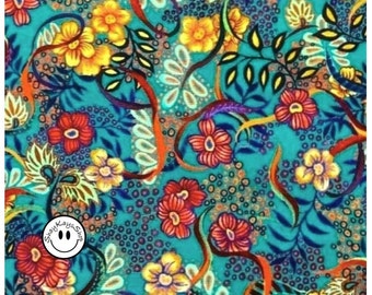 Teal Floral Flower Fabric, Oasis Fabrics Night Bloom Collection OA 595492, Sold By the Yard, 100% Cotton Digital, Sewing Quilting Crafts