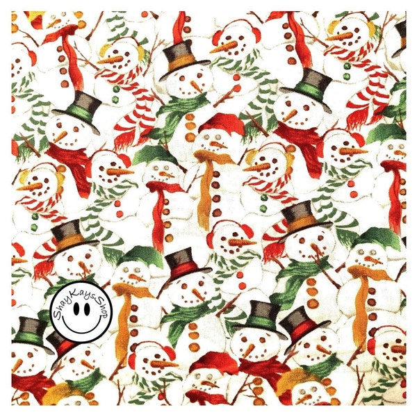 Christmas Snowman Fabric, Blank Quilting Wintry Mix by Elizabeth Medley, Red Green Gold Snowmen on Cream, By the Yard, 100% Cotton