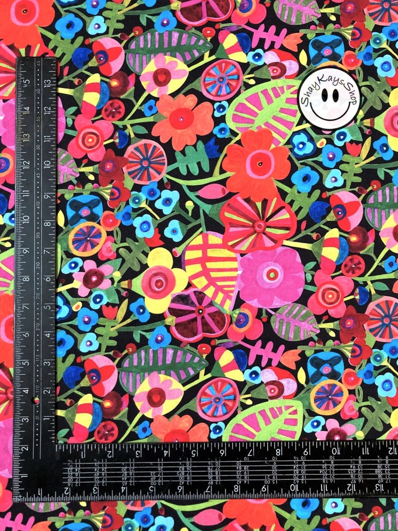 Precut 1/4 Quarter Yard Floral Fabric, Bold and Colorful Michael Miller, Rainbows & Sunshine Black, 100% Cotton Fabric, Sew Quilt Crafts image 4