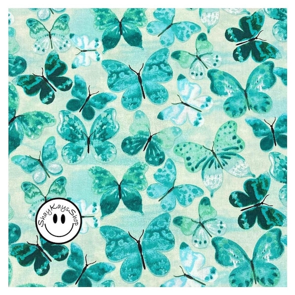 Butterfly Novelty Fabric, Blue Green Turquoise Various Sized Butterflies, 100% Cotton, By the Yard, Keepsake Calico, Priced for Clearance