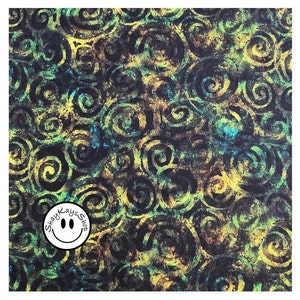 May include: Abstract fabric with a swirling pattern in shades of green, yellow, and black. The fabric has a distressed look and features a small circular logo with the text "Shay Kay's Shop" and a smiley face.