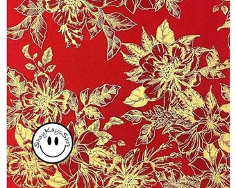Precut 1/2 Half Yard Christmas Holiday Scarlet Fabric, Robert Kaufman Holiday Flourish 14 Gold Leaf SRKM-19915-3, 100% Cotton Quilt Fabric