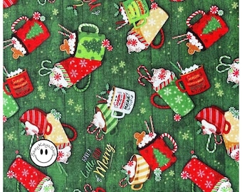 Precut 1/2 Half Yard Christmas Hot Cocoa Chocolate Themed Fabric, Oasis Fabrics Noel Holiday Green 595332, 100% Combed Cotton Digital