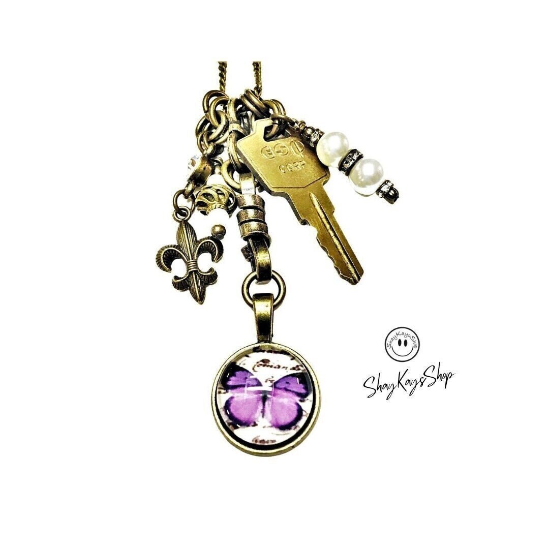 Butterfly Multi Charm Necklace, Long Chain Purple Butterfly Pendant