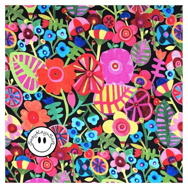 Precut 1/2 Half Yard Floral Fabric, Michael Miller Bold and Colorful, Rainbows & Sunshine Black, 100% Cotton Fabric, Sew Quilt Crafts