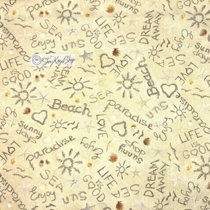 Half Yard & BTY Fabric Cuts, Timeless Treasures Writing on Sand Beach C1234, Words Sayings Text Drawings, 100% Cotton, Price Per Half Yard