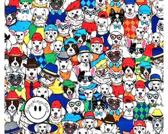 Colorful Fun Dog Fabric, Novelty Packed Cartoon Dogs & Hats Timeless Treasures Fabrics C8918 Multi, By the Yard, 100% Cotton Quilt Fabric