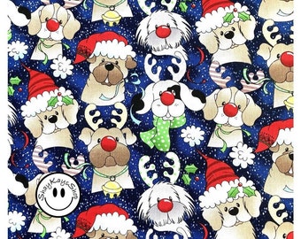 Christmas Dog Fabric, Holiday Pups Reindeer Dogs Laurie Campbell la-di-draw Fabric Traditions, By the Yard, 100% Cotton, Sew Quilt Craft