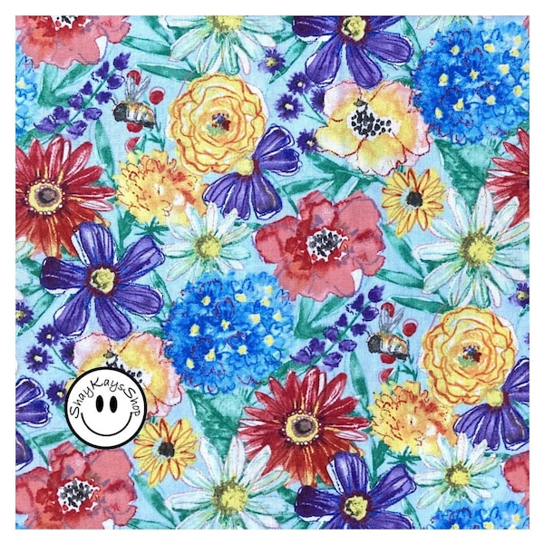 Precut 1/4 Quarter Yard Floral Fabric, Flower Fanciful Flight Packed Flowers Blue by Lori Siebert Wilmington Prints, 100% Cotton