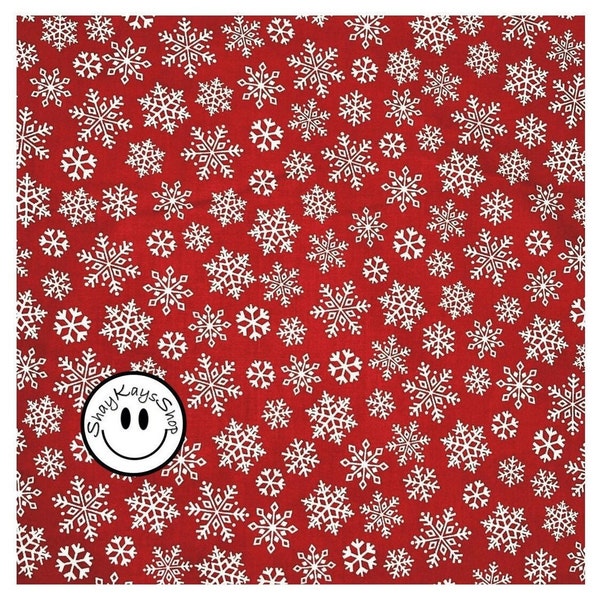 Christmas Snowflake Fabric, Red Fabric Tossed White Snowflakes, Christmas Holiday Theme Fabric, By the Yard, 100% Cotton, Brother Sister