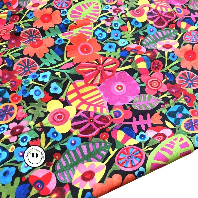 Precut 1/4 Quarter Yard Floral Fabric, Bold and Colorful Michael Miller, Rainbows & Sunshine Black, 100% Cotton Fabric, Sew Quilt Crafts image 3