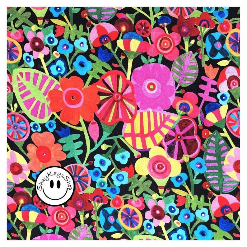 Precut 1/4 Quarter Yard Floral Fabric, Bold and Colorful Michael Miller, Rainbows & Sunshine Black, 100% Cotton Fabric, Sew Quilt Crafts image 1